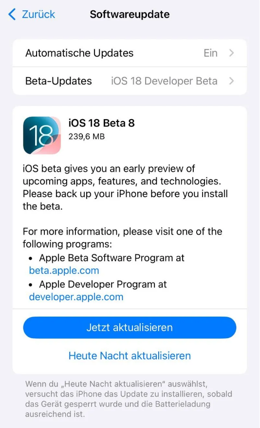 正阳苹果手机维修分享苹果 iOS / iPadOS 18 开发者预览版 Beta 8 发布 